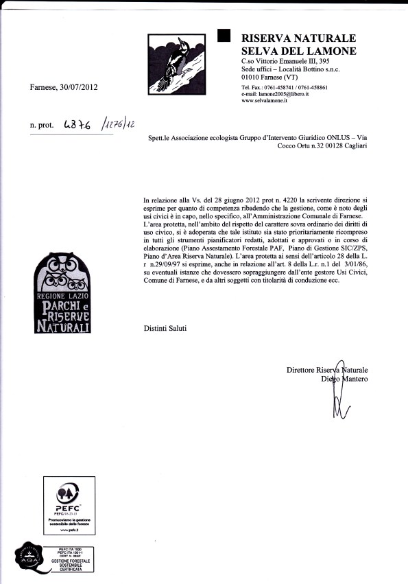 risposta Ente gestore Riserva naturale "Foresta del Lamone" (luglio 2012)