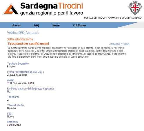 annuncio "satanico" su Sardegna Tirocini (2013)