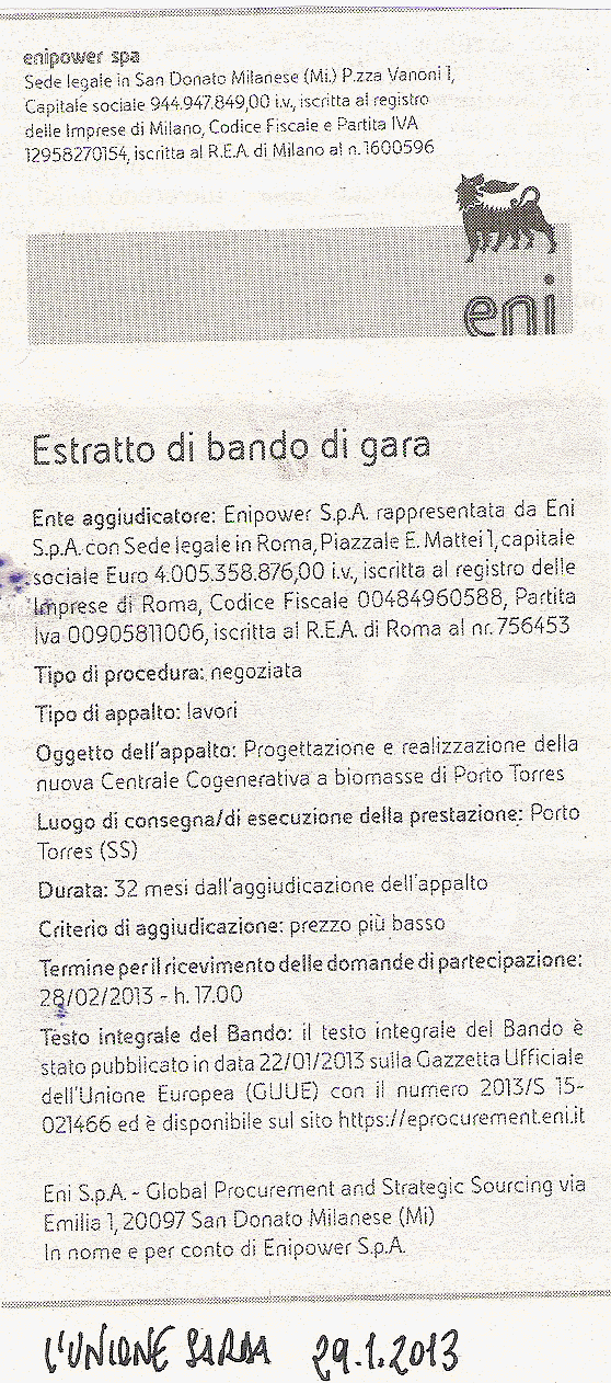 Porto Torres, bando centrale a biomassa, gen. 2013