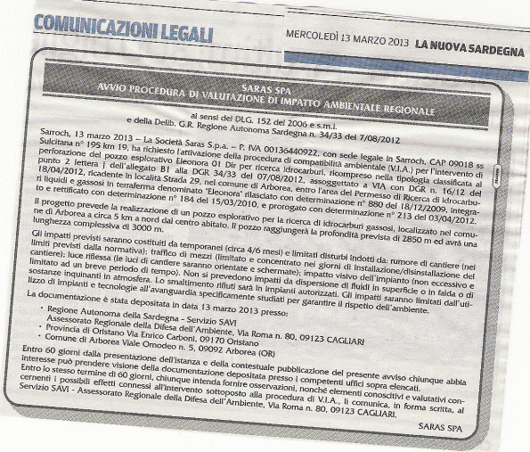 avviso VIA ricerca gas Saras Arborea, marzo 2013