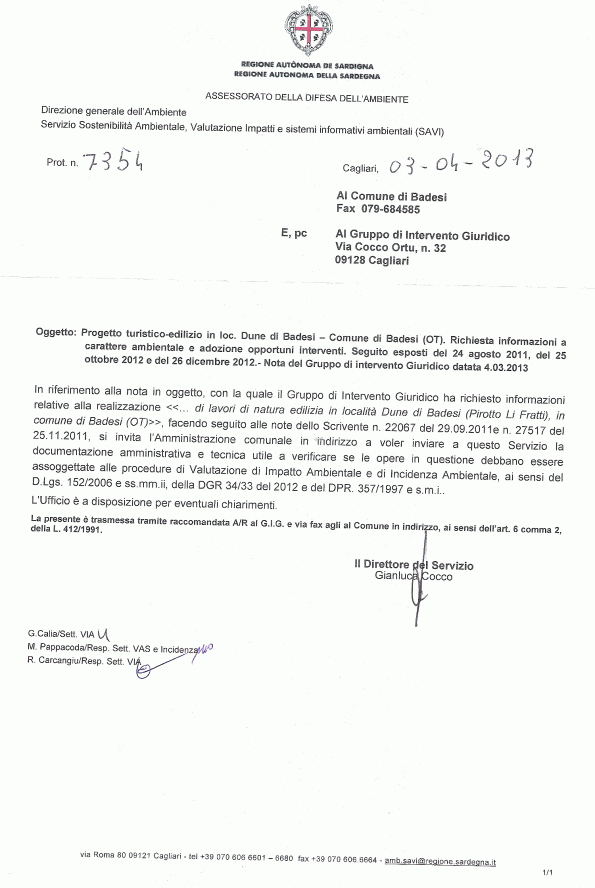 Servizio S.A.V.I. Ass.to Difesa Ambiente R.A.S. nota prot. n. 7354 del 3 aprile 2013 