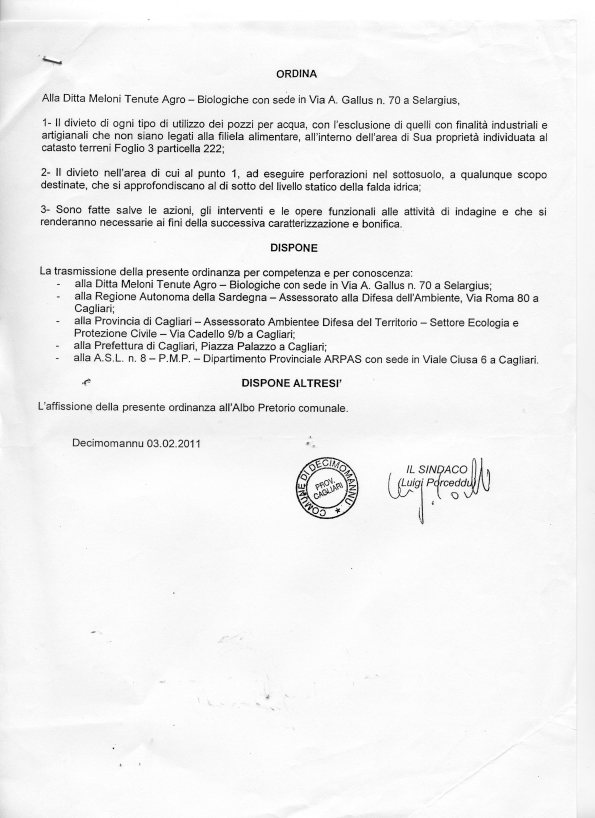 ordinanza Sindaco Decimomannu n. 3 del 4 febbraio 2011