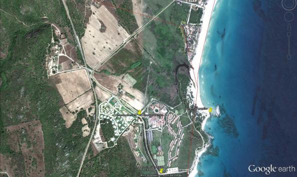 Castiadas, chiusura della viabilità di accesso alla spiaggia dello Scoglio di Peppino (da Google Earth)