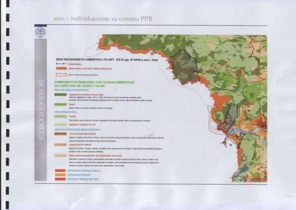 Bosa, ubicazione del progetto "Bosa Colores" (in nero) sovrapposta alla disciplina del piano paesaggistico regionale 