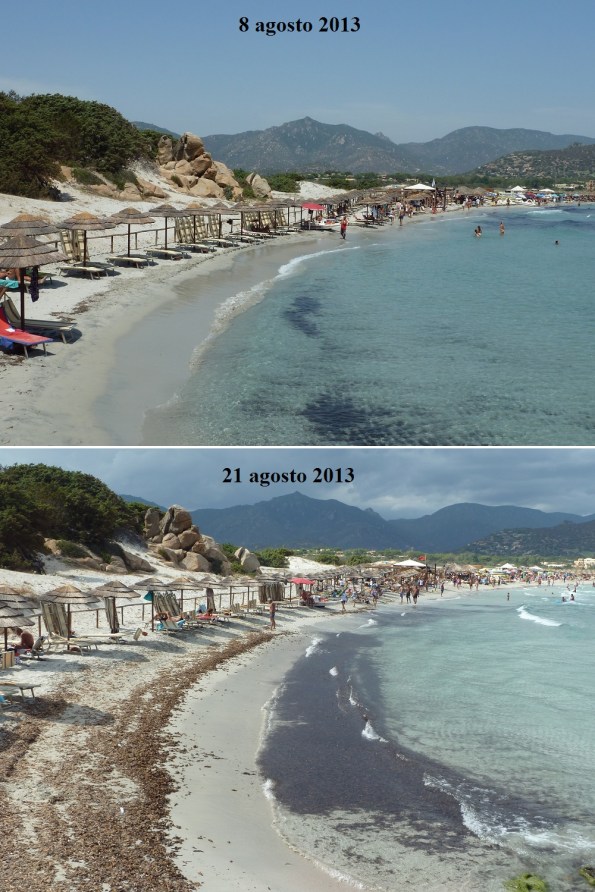 Villasimius, Porto Giunco, stato della battigia nelle giornate dell'8 agosto e del 21 agosto 2013