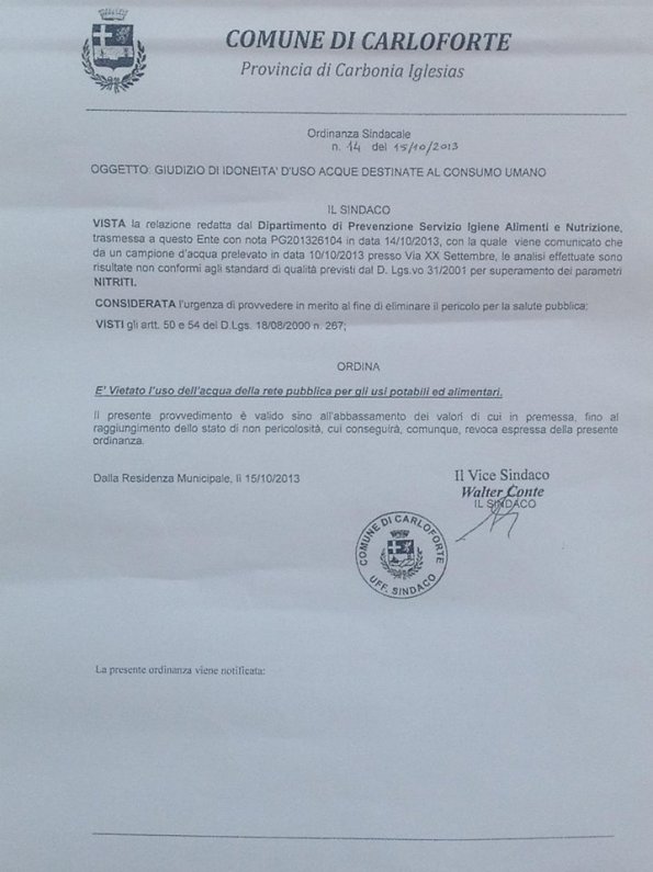 Carloforte, ordinanza sindacale n. 14 del 15 ottobre 2013