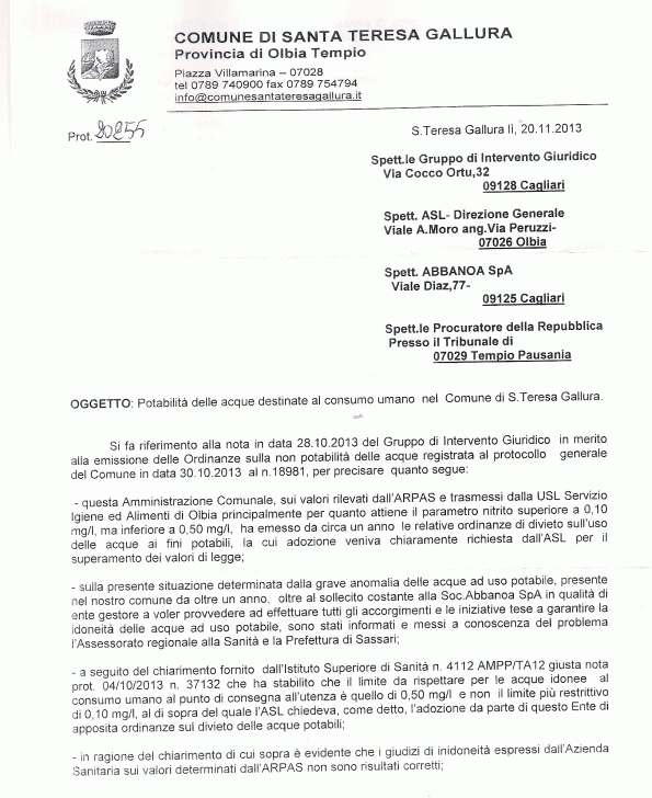 risposta Comune su acqua rete idrica, novembre 2013, pagina 1