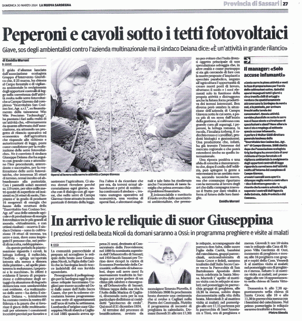 La Nuova Sardegna, 30 marzo 2014