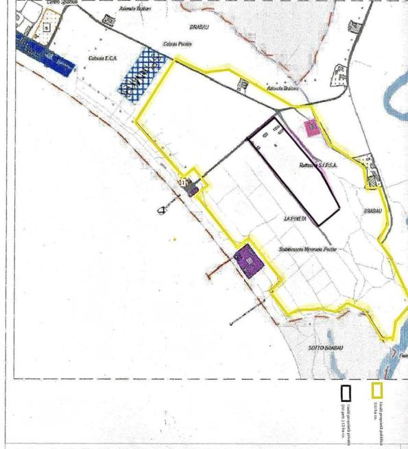 Oristano, Torregrande, planimetria delle proprietà delle aree del proposto intervento immobiliare: in GIALLO i confini delle aree pubbliche, in NERO quelle di proprietà privata 