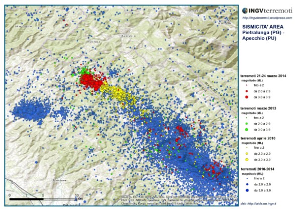 Epicentri dei numerosissimi terremoti localizzati dalla Rete Sismica Nazionale tra il 2010 e oggi. La sismicità più recente (cerchi rossi) sembra proseguire la faglia individuata per la sequenza del 2010 (cerchi gialli)