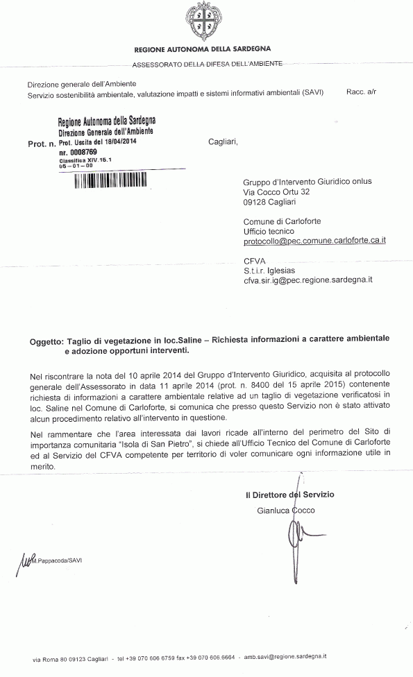 Servizio SAVI Regione autonoma della Sardegna, nota prot. n. 8769 del 18 aprile 2014
