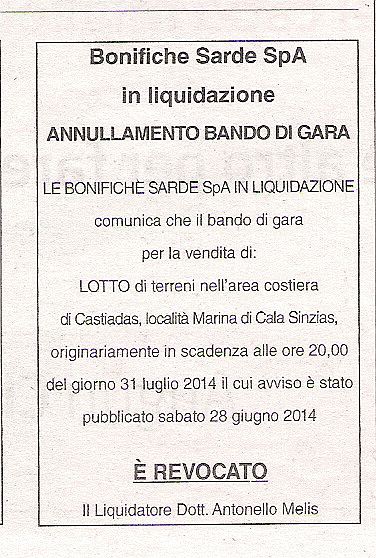 avviso revoca bando alienazione terreni Cala Sinzias, L'Unione Sarda, 12 luglio 2014