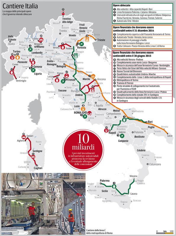 decreto-legge "Sblocca Italia", mappa delle opere pubbliche cantierabili (da Il Corriere della Sera)