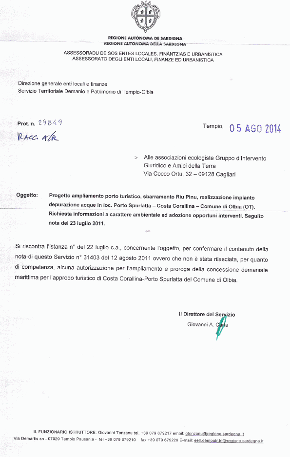 nota Servizio Demanio e Patrimonio Olbia-Tempio della Regione autonoma della Sardegna nota prot. n. 29849 del 4 agosto 2014
