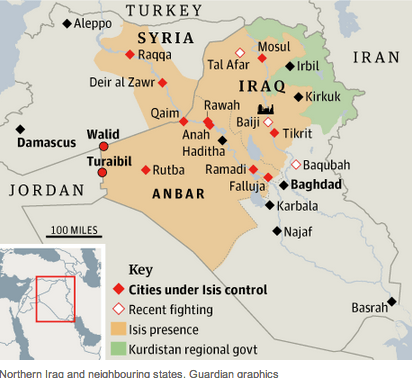 Medio Oriente, territori controllati dall'I.S.I.S., area del governo autonomo Kurdo, luoghi di scontro e contesi