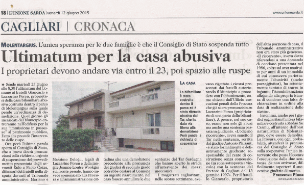 L'Unione Sarda, 12 giugno 2015