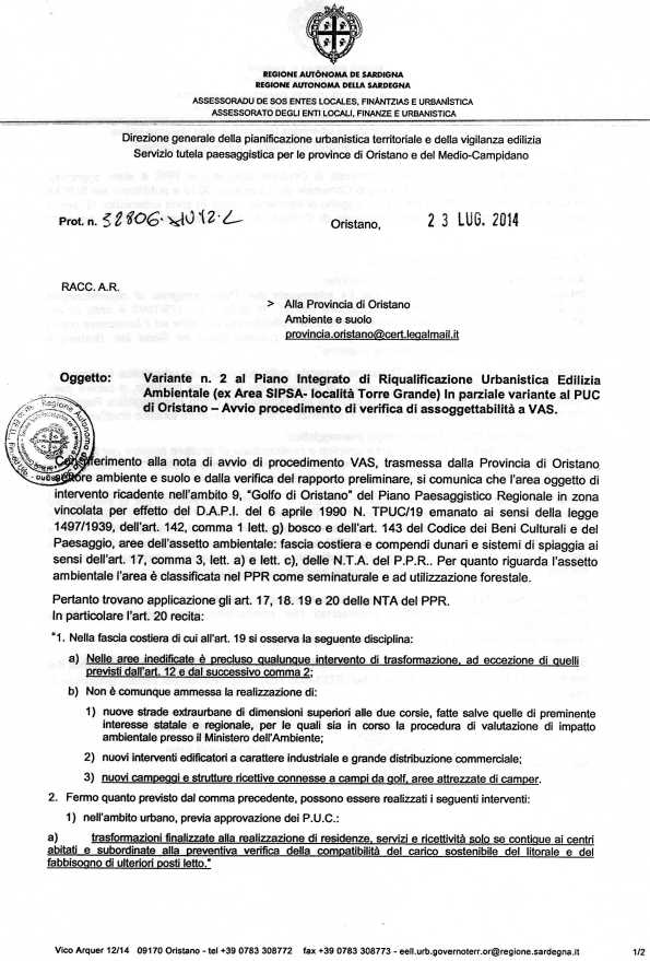 nota Servizio regionale Tutela paesaggistica per le Province di Oristano e del Medio Campidano prot. n. 32806 del 23 luglio 2014 (pagina 1)