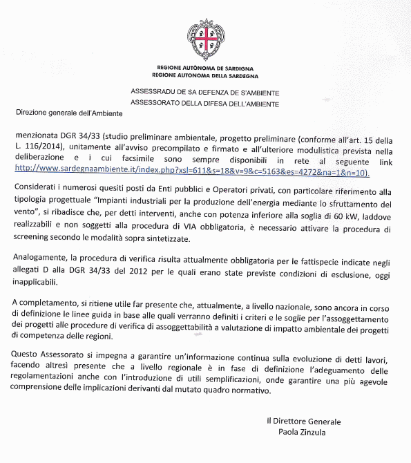 circolare Regione autonoma della Sardegna - Assessorato della Difesa dell'ambiente, 14 novembre 2014