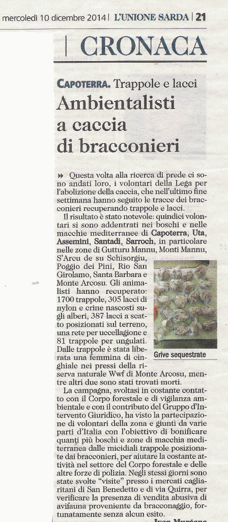 L'Unione Sarda, 10 dicembre 2014