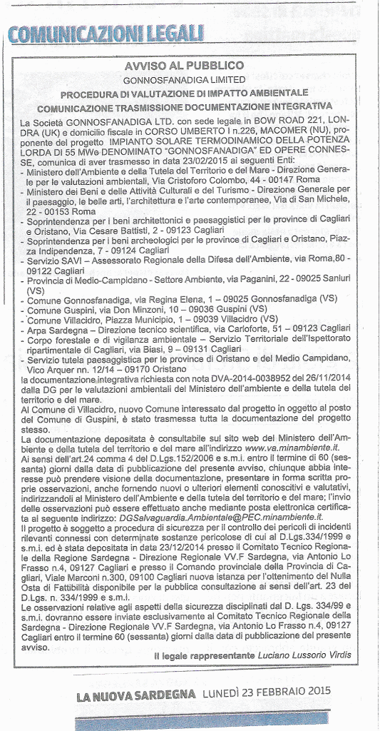 avviso La Nuova Sardegna 23 febbraio 2015