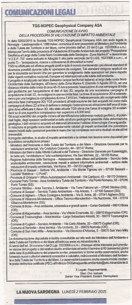 avviso VIA, 2 febbraio 2015