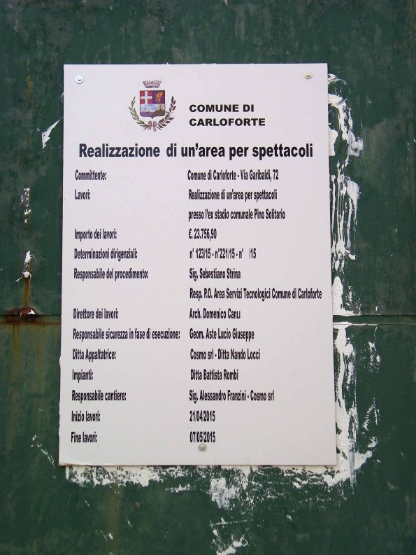 Carloforte, demolizione parziale dello Stadio comunale "Pino Solitario", cartello "inizio lavori"