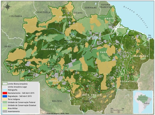 Brasile, foreste tropicali, stato di conservazione e di deforestazione (aprile 2015, da Imazon)