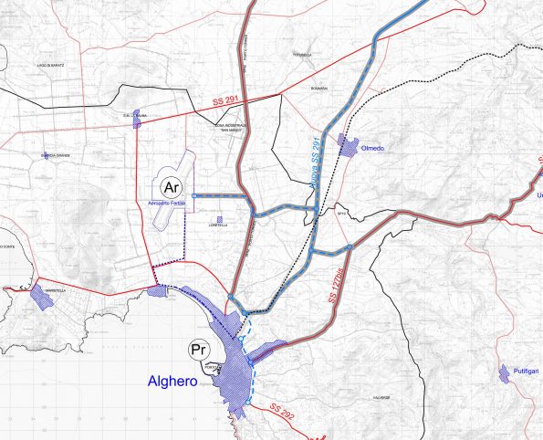 Alghero, i tracciati della S.S. n. 127 bis e della S.P. dei Due Mari (esistenti) e quello della S.S. n. 291 (in progetto)