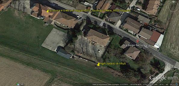 Veggiano, rogo di rifiuti (in giallo, agosto 2015), individuazione sito (da Google Earth)