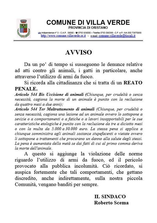 Comune di Villa Verde, avviso pubblico del Sindaco Roberto Scema contro lo "sparatore" dei Gatti (14 gennaio 2016)