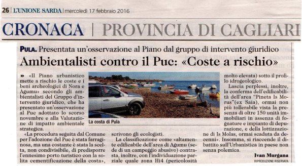L'Unione Sarda, 17 febbraio 2016, PUC Pula