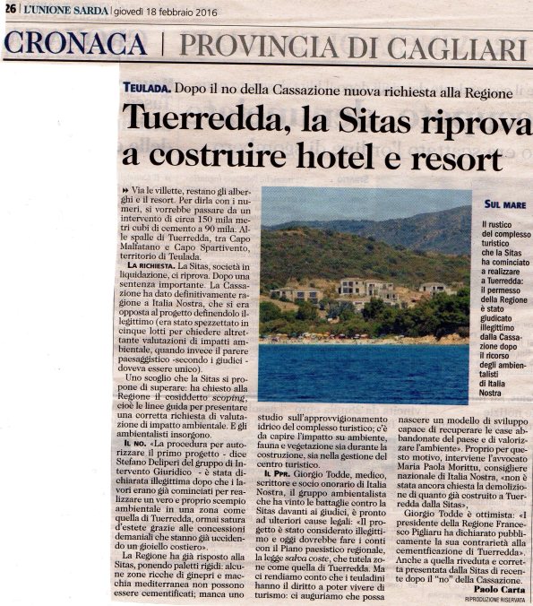 L'Unione Sarda, 18 febbraio 2016