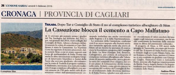 L'Unione Sarda, 5 febbraio 2016