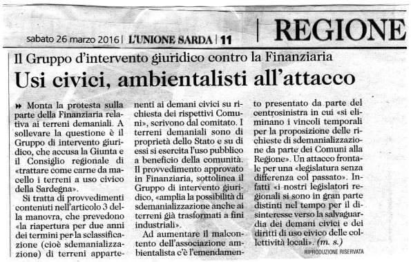 L'Unione Sarda, 26 marzo 2016