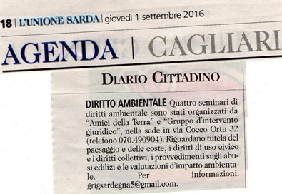 L'Unione Sarda, 1 settembre 2016, seminari diritto ambientale
