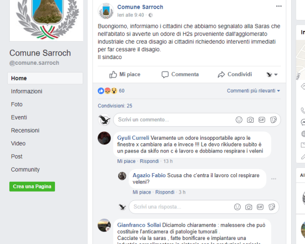 Screenshot pagina FB Comune Sarroch, 10 marzo 2018